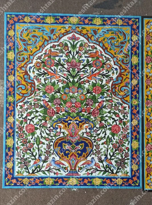 تابلو کاشی نگارگری دست‌ساز طرح گل‌ومرغ (سری گلستان لاجوردی) - تصویر 3