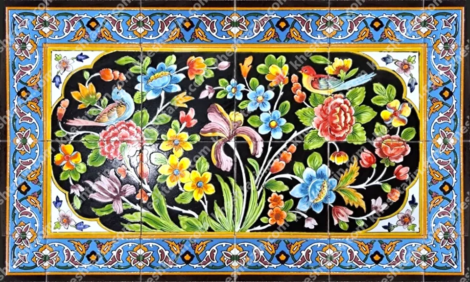 تابلو کاشی نگارگری گل و مرغ طرح بلبل عاشق - تصویر 2