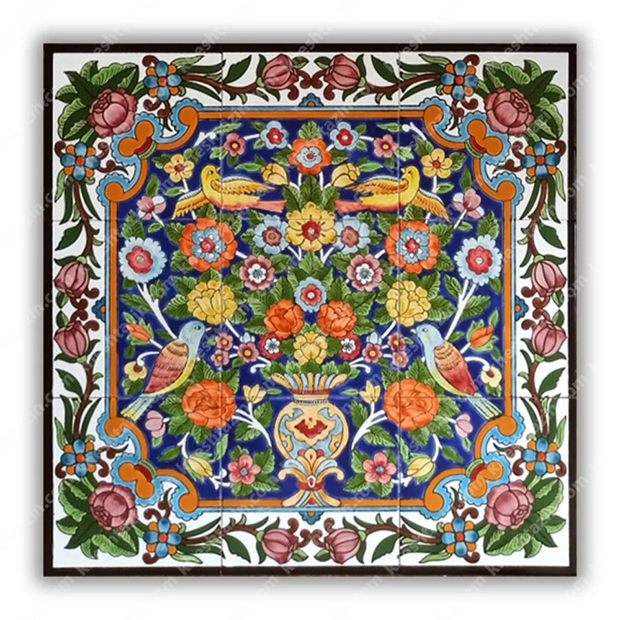 تابلو کاشی نگارگری گل و مرغ
