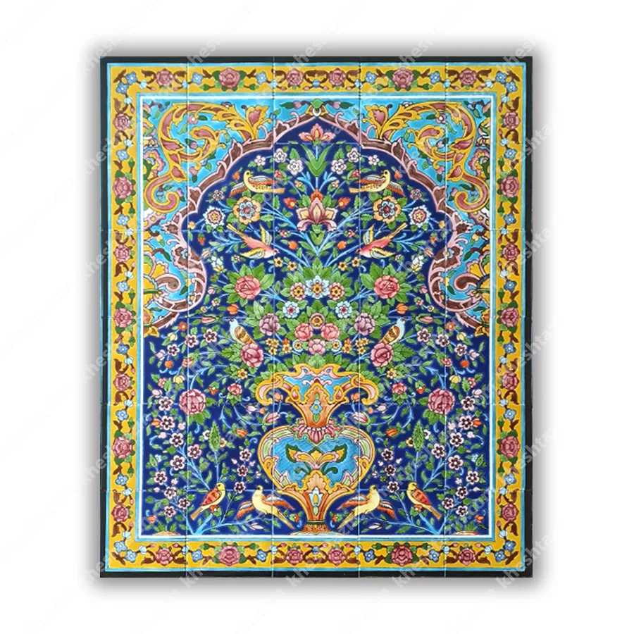 تابلو کاشی نگارگری دست‌ساز طرح گل‌ومرغ (سری گلستان لاجوردی)