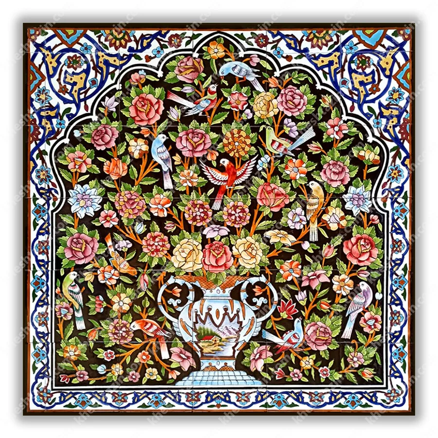 تابلو کاشی طرح نگارگری گل و مرغ