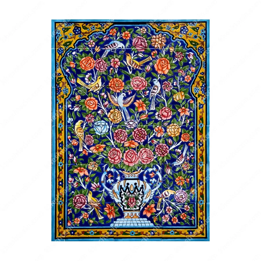 تابلو کاشی نگارگری گل و مرغ