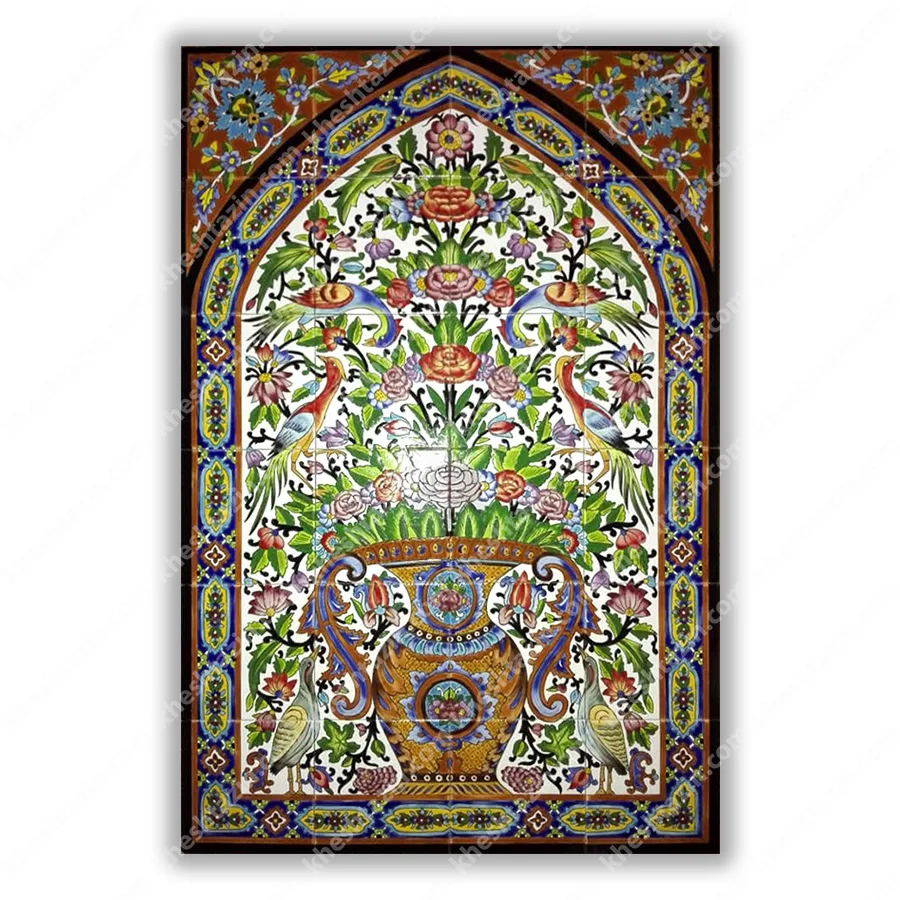 تابلو کاشی نگارگری گل و مرغ