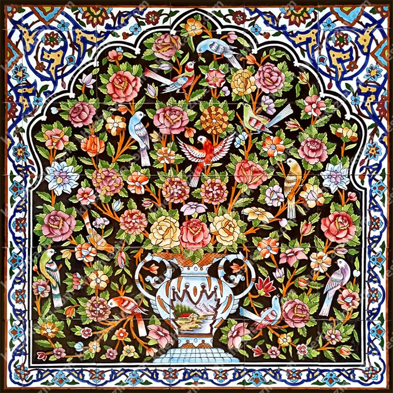 تابلو کاشی طرح نگارگری گل و مرغ - تصویر 2
