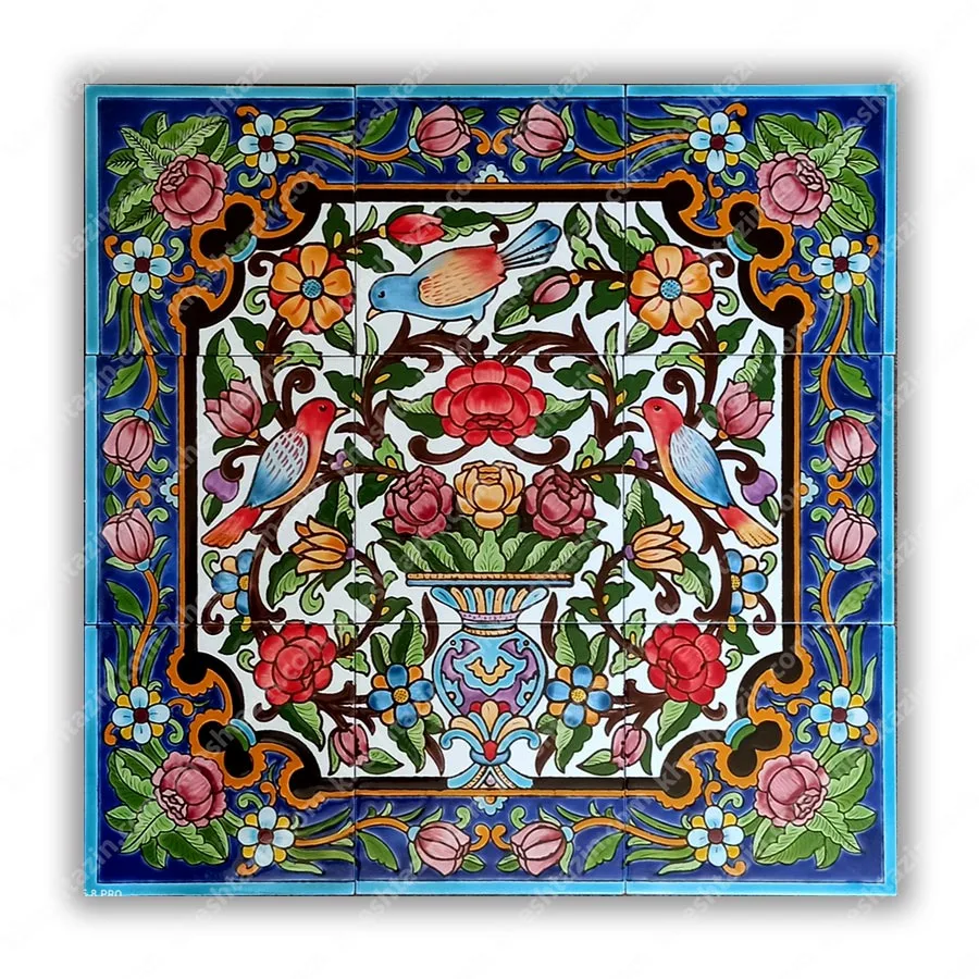 تابلو کاشی نگارگری گل و مرغ