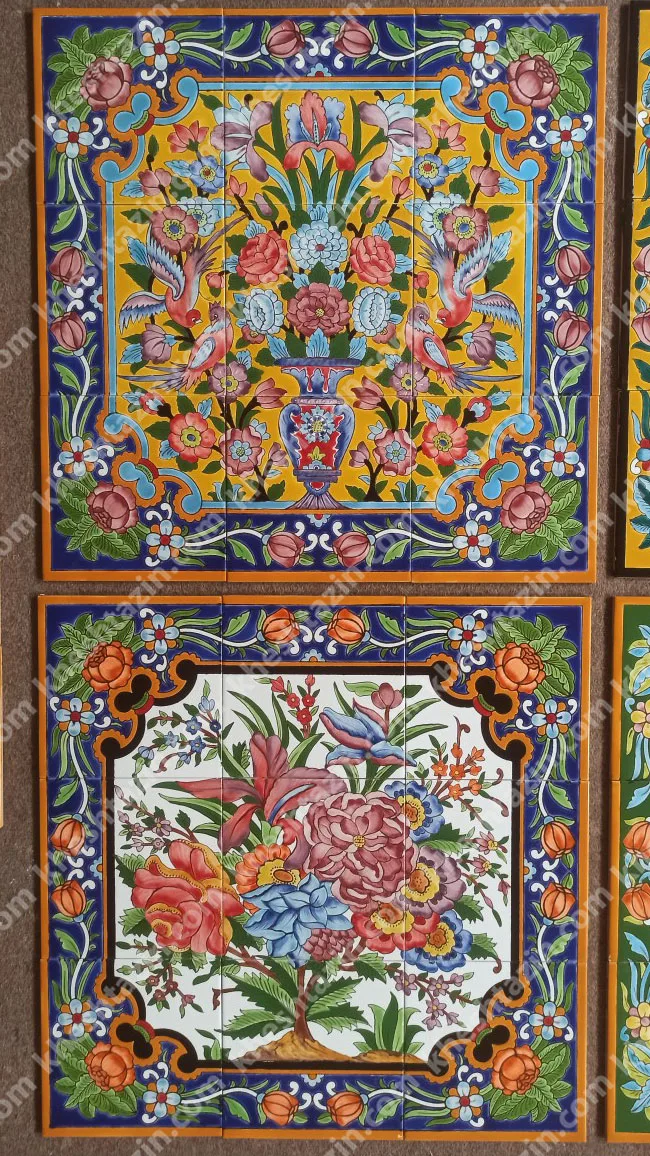 تابلو کاشی نگارگری گل و مرغ