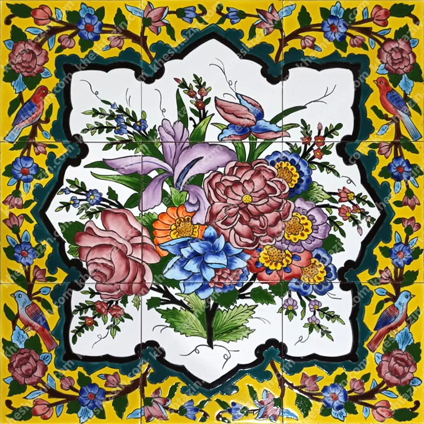 تابلو سرامیکی نگارگری گل و مرغ