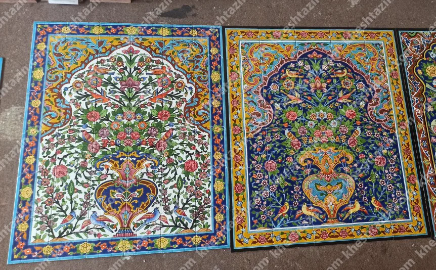 تابلو کاشی نگارگری دست‌ساز طرح گل‌ومرغ (سری گلستان لاجوردی) - تصویر 4