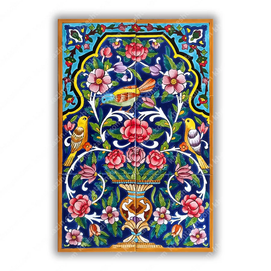تابلو کاشی نگارگری گل و مرغ