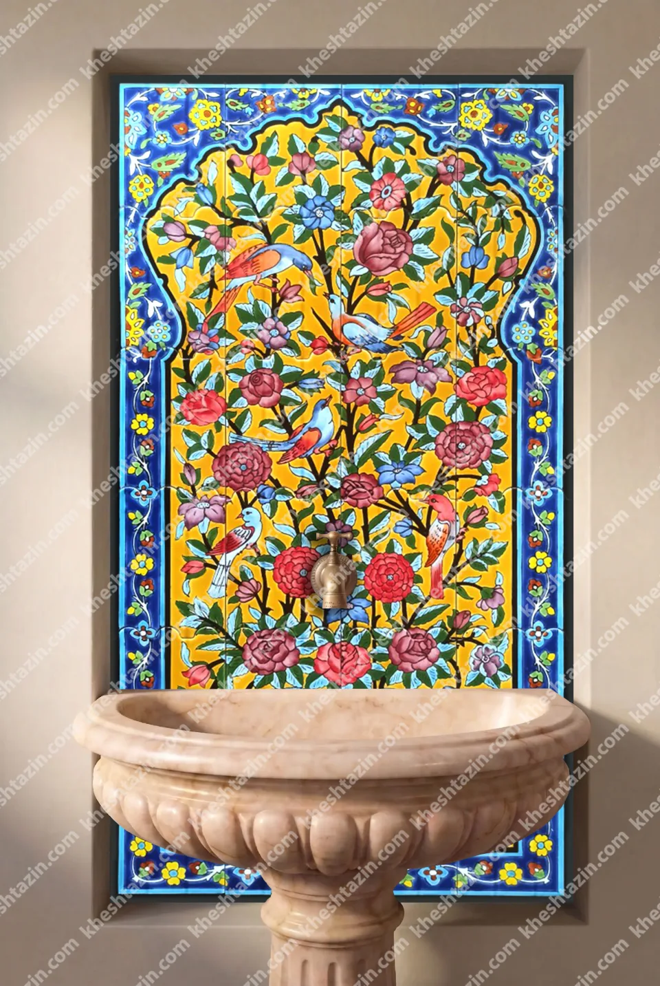 سرامیک آبنما طرح نگار گری گل و مرغ زرد قاجاری - تصویر 2