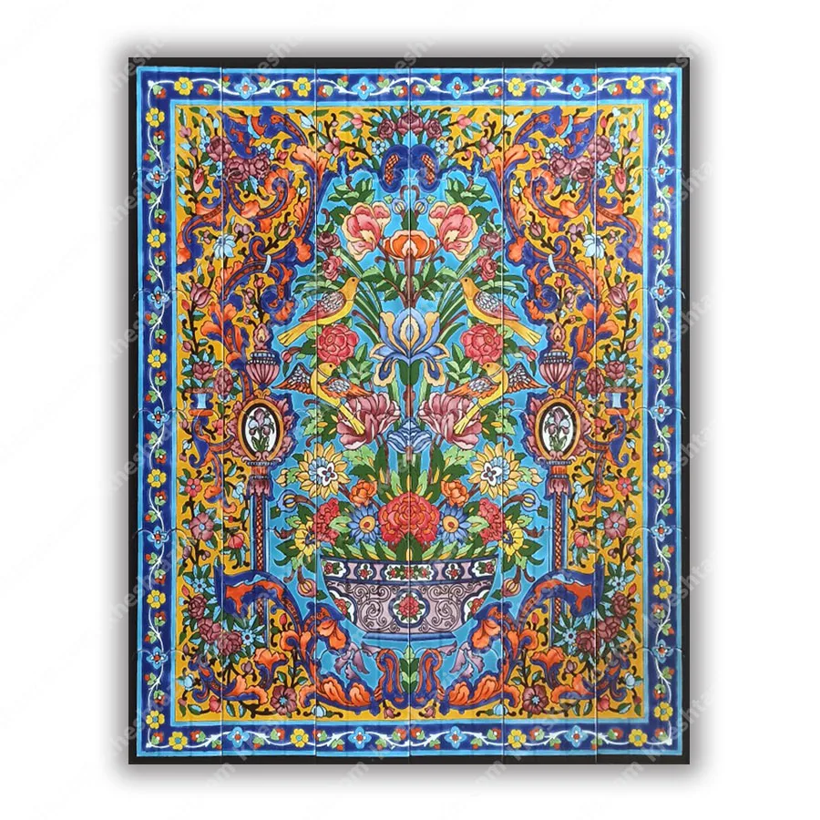 تابلو کاشی نگارگری گل و مرغ