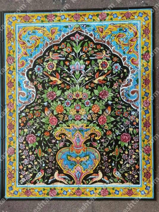 تابلو کاشی نگارگری دست‌ساز طرح گل‌ومرغ (سری گلستان لاجوردی) - تصویر 5