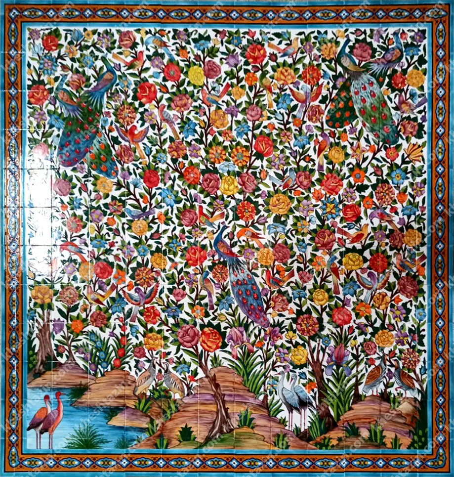 تابلو سرامیک،  نگار گری گل و مرغی - تصویر 2