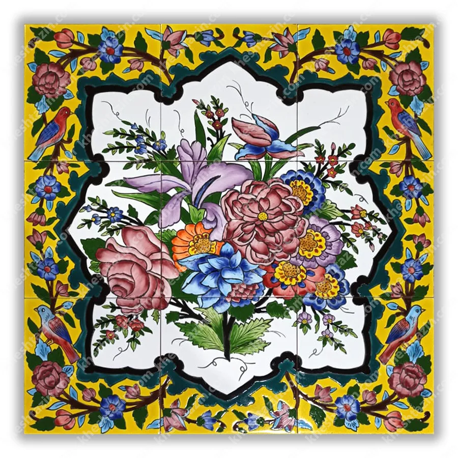 تابلو سرامیکی نگارگری گل و مرغ