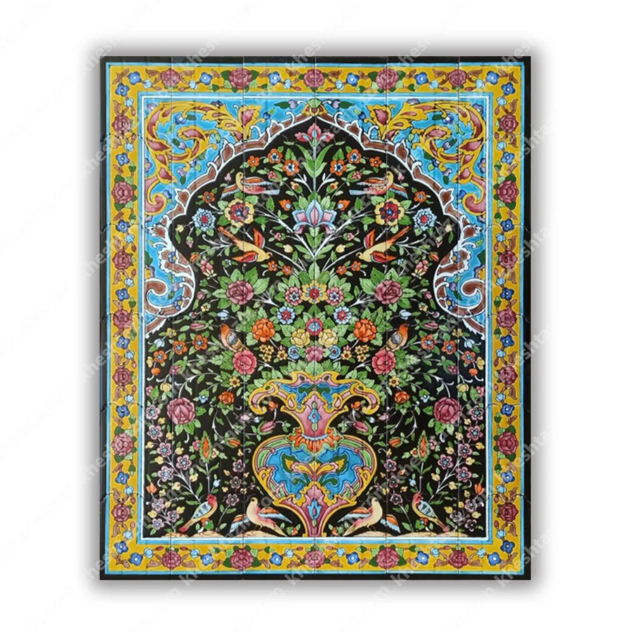 تابلو کاشی نگارگری دست‌ساز طرح گل‌ومرغ (سری گلستان لاجوردی) - تصویر 6