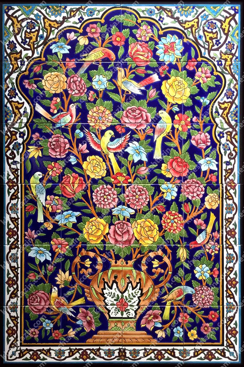 تابلو کاشی هفت‌رنگ گل و مرغ گلدانی لاجورد - تصویر 2